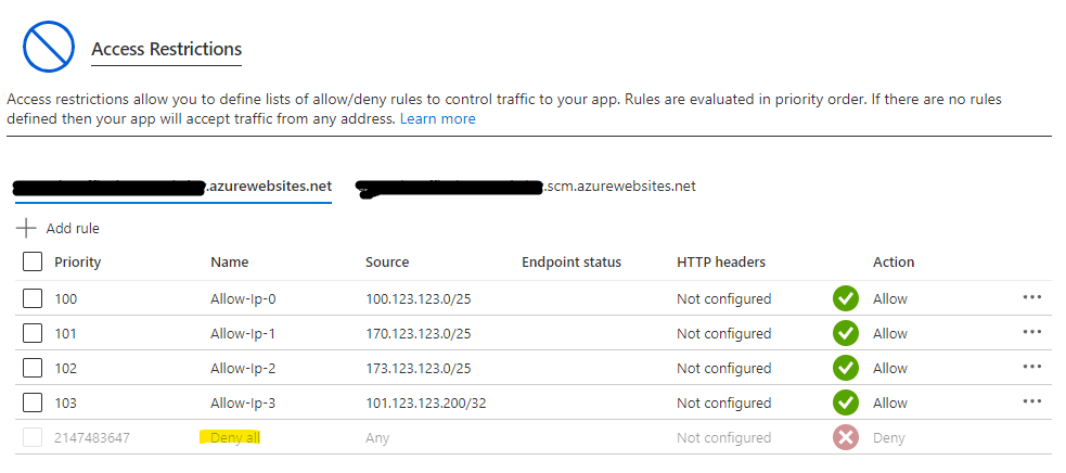 Access Restrictions with Deny All rule for App Service